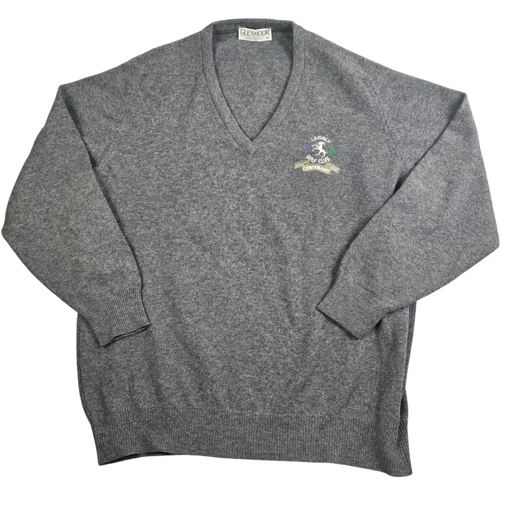 Vintage 1992 Lahinch Golf Club‎ V-Neck Sweater Mens 46 XL Grey Lambswool Ireland